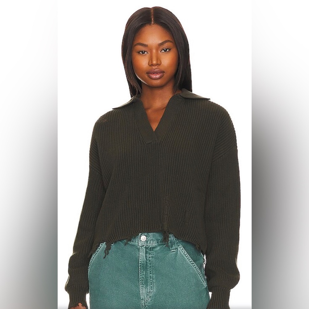 NWT Bobi x Revolve Collared Distressed Knit Sweater in Dark Army Green - Size M